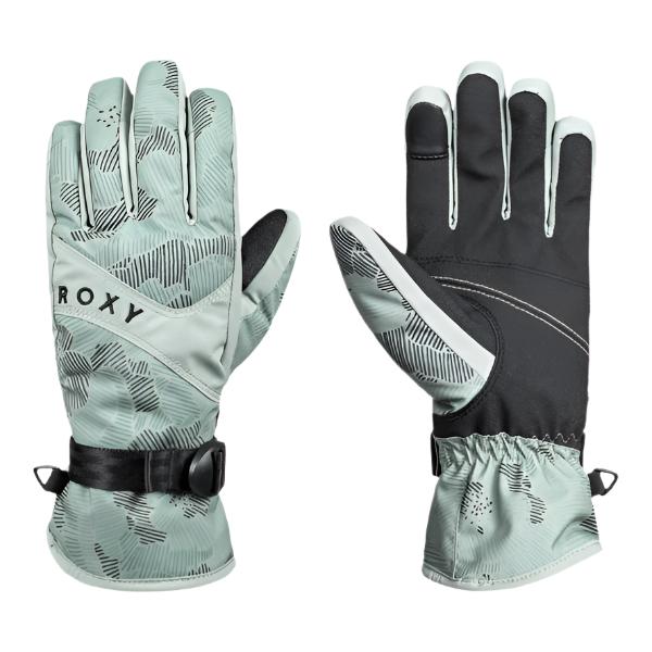 Roxy Women's Jetty Glove 2025 - A pair of gloves with a palm side that is mostly black, and fingers that are light gray with dark gray stripes.