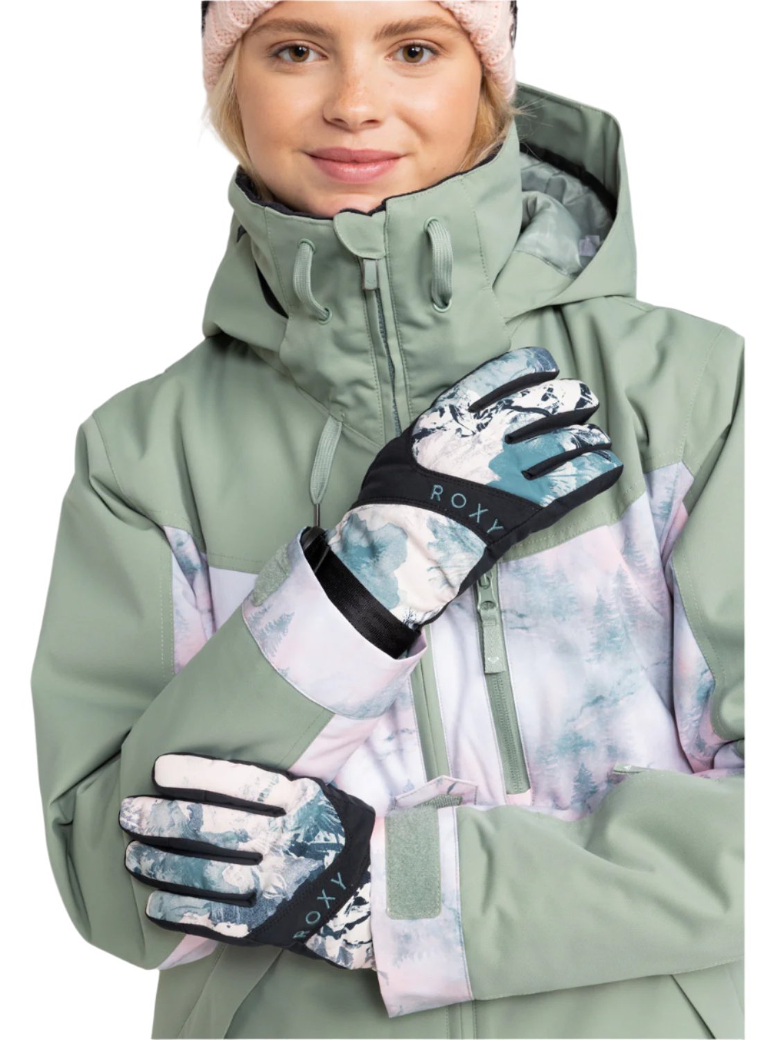 Roxy Women's Jetty Glove 2025 - A pair of gloves with a black strap and white snowflake pattern on the palm side.