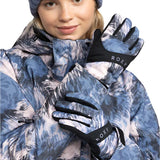 Roxy Women's Jetty Glove 2025 - A pair of gloves with a black palm and a white, grey, and blue abstract pattern on the back.