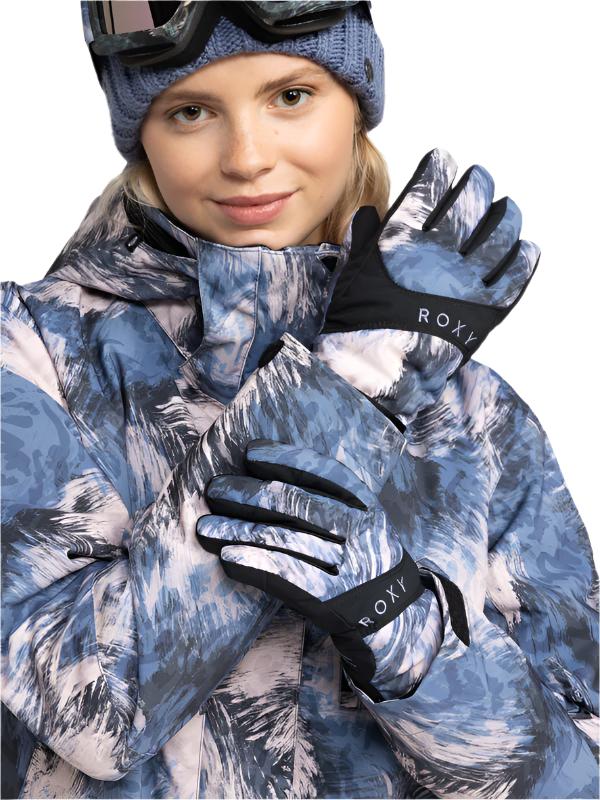 Roxy Women's Jetty Glove 2025 - A pair of gloves with a black palm and a white, grey, and blue abstract pattern on the back.