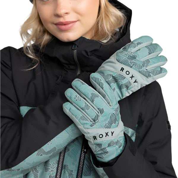 Roxy Women's Jetty Glove - A pair of gloves with a palm print in light blue and white, featuring black lines forming geometric shapes.