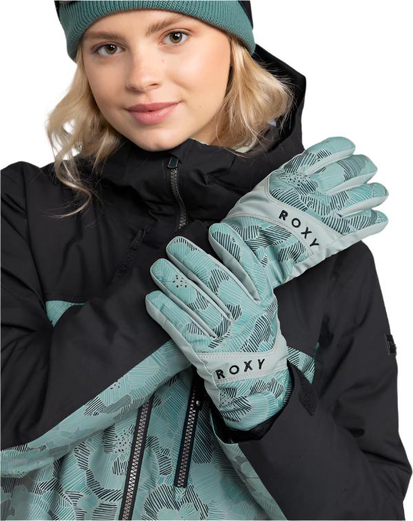 Roxy Women's Jetty Glove - A pair of gloves with a palm print in light blue and white, featuring black lines forming geometric shapes.
