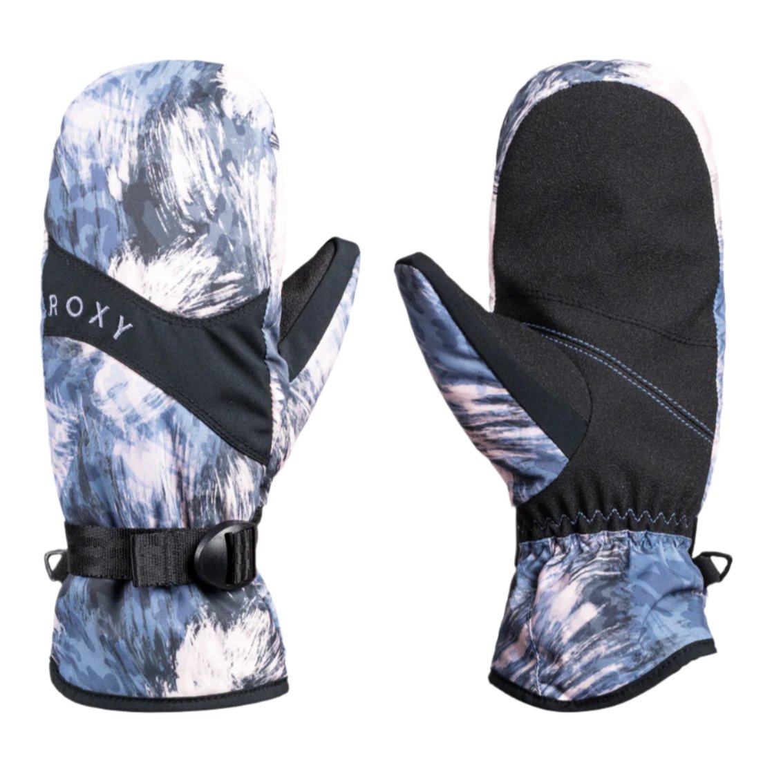 Roxy Women's Jetty Mitt - A pair of mittens with a blue and white abstract pattern, featuring black straps across the top.
