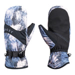 Roxy Women's Jetty Mitt - A pair of mittens with a blue and white abstract pattern, featuring black straps across the top.