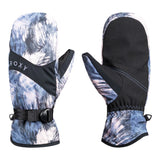 Roxy Women's Jetty Mitt - A pair of mittens with a blue and white abstract pattern, featuring black straps across the top.