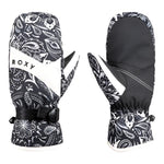 Roxy Women's Jetty Mitt 2025 - A black mitt with a white floral pattern and a strap closure on the wrist.