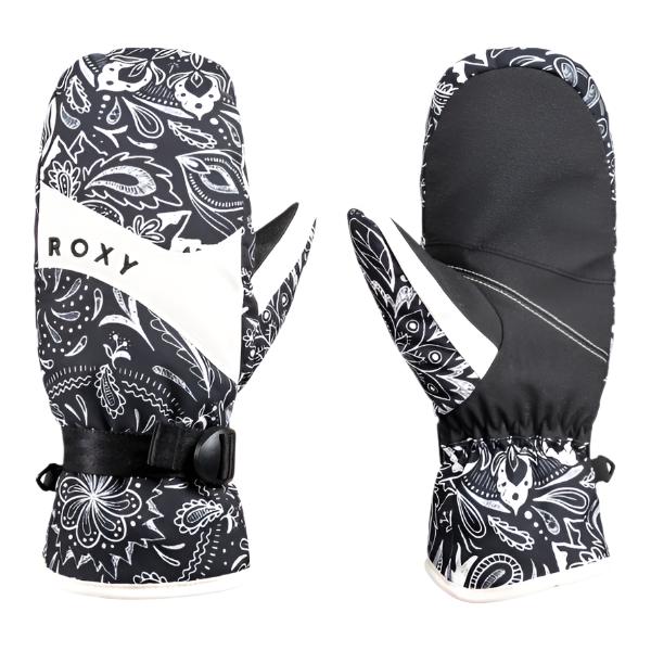 Roxy Women's Jetty Mitt 2025 - A black mitt with a white floral pattern and a strap closure on the wrist.