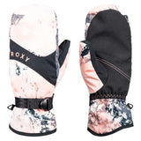 Roxy Women's Jetty Mitt - A pair of mittens with a pink and white marbled pattern, featuring black accents on the cuffs.