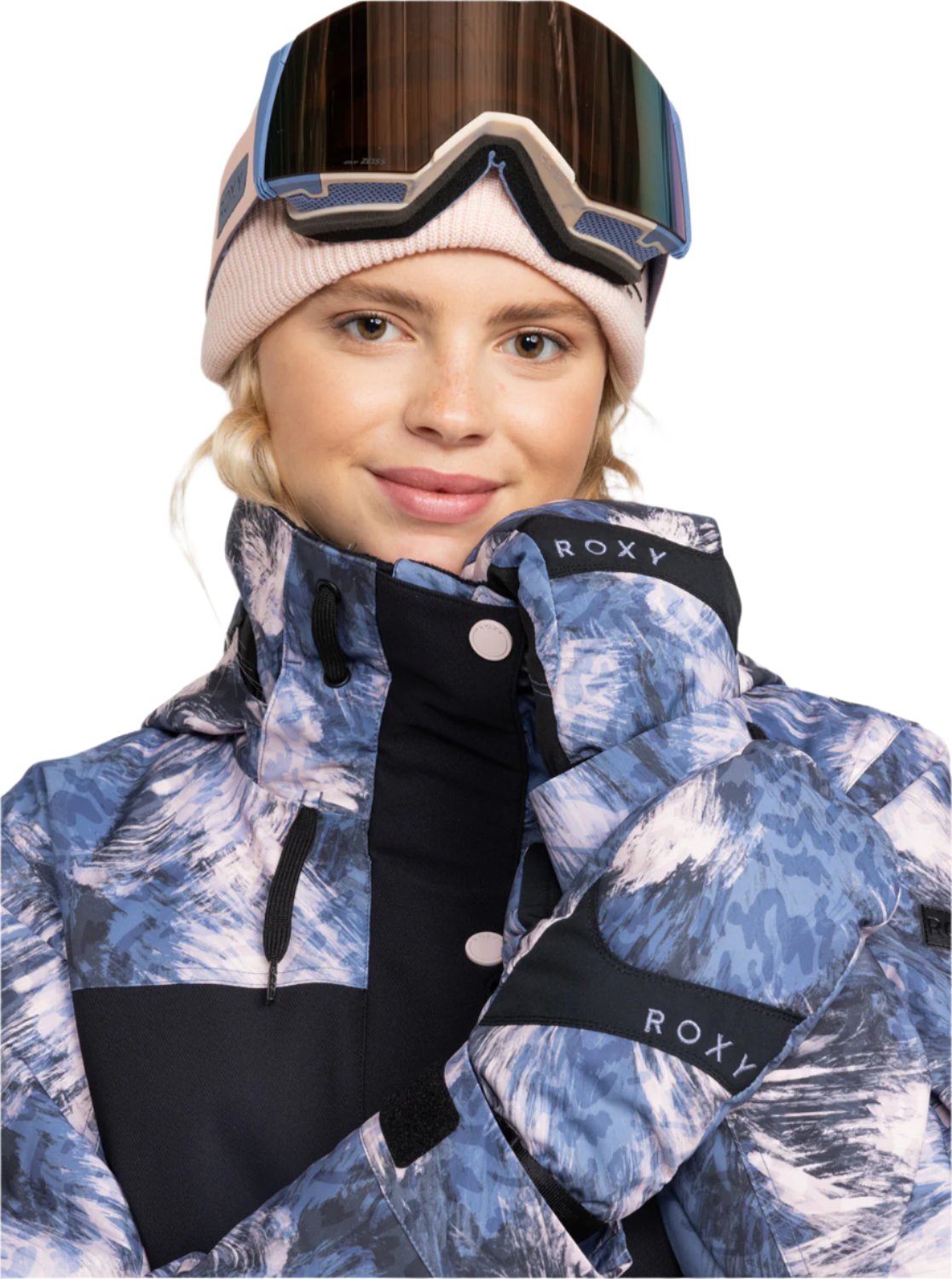 Roxy Women's Jetty Mitt - A pair of mittens with a black palm and thumb, featuring a white snowflake pattern on the back.