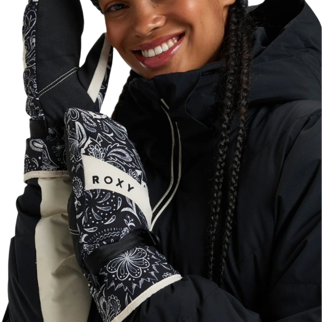 Roxy Women's Jetty Mitt - A black mitt with white floral designs and a white strap that says "ROXY" in black letters.