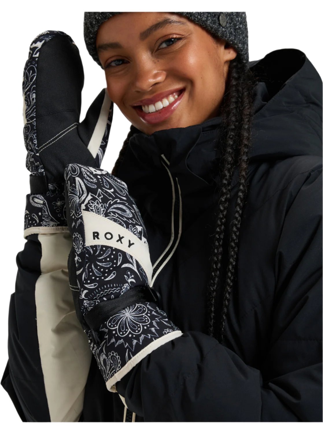 Roxy Women's Jetty Mitt - A black mitt with white floral designs and a white strap that says "ROXY" in black letters.