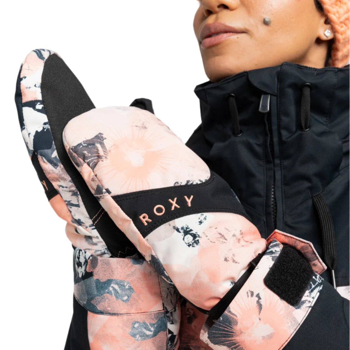 Roxy Women's Jetty Mitt - A pair of mitts with a pink and white abstract floral pattern on a light background.
