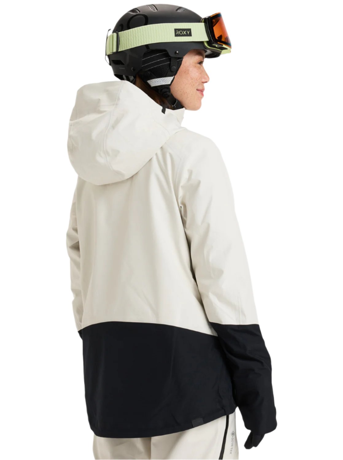 Roxy Women's Lunalite 3L GORE-TEX Jacket 2025 - A black jacket with a white logo on the left chest and a zippered pocket on the right side.