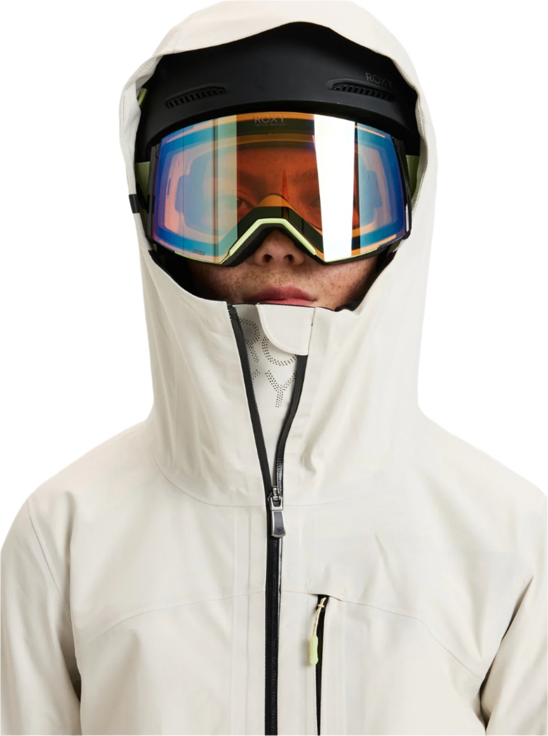 Roxy Women's Lunalite 3L GORE-TEX Jacket - A black jacket with a hood, featuring a zippered front and two pockets on either side.