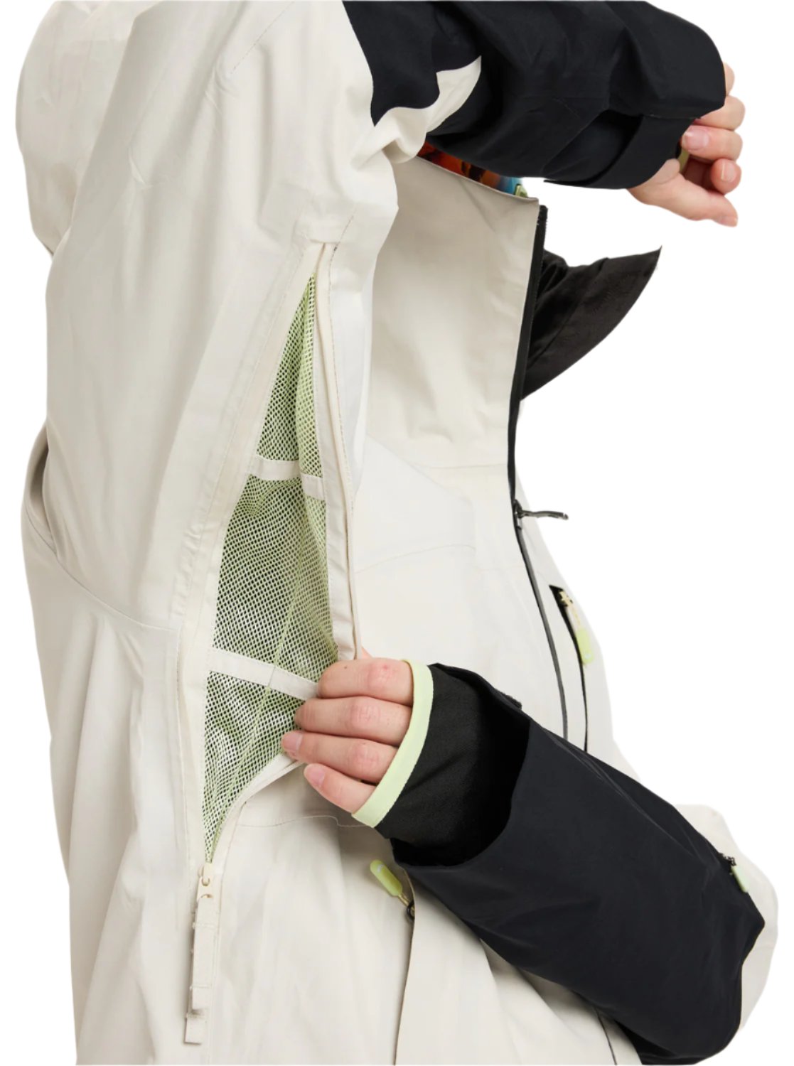 Roxy Women's Lunalite 3L GORE-TEX Jacket - A white jacket with a hood, featuring green accents and a zippered pocket on the left side.