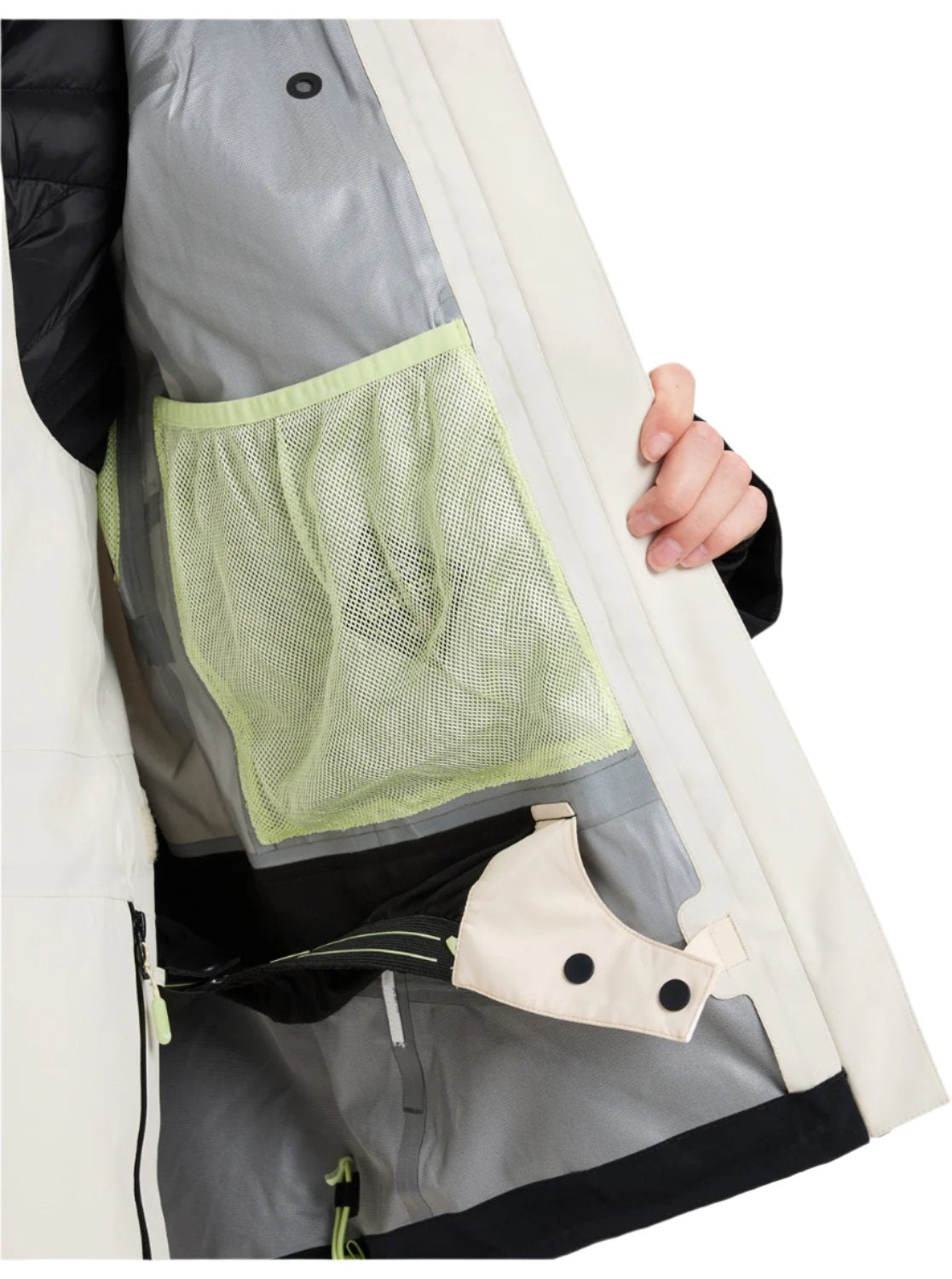 Roxy Women's Lunalite 3L GORE-TEX Jacket 2025 - A woman's jacket with a black and white color scheme, featuring lime green accents on the zipper and buttons.