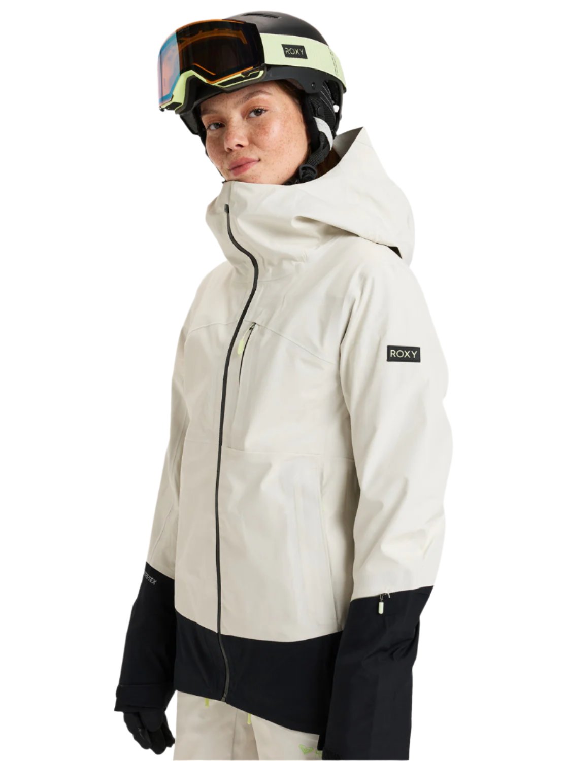 Roxy Women's Lunalite 3L GORE-TEX Jacket 2025 - A white jacket with a black zipper and black trim around the wrists and waist.
