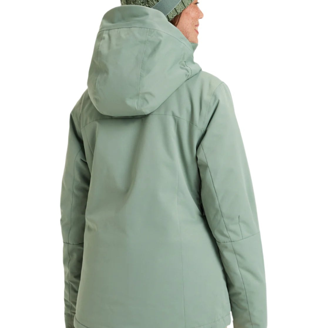 Roxy Women's Illumine Warmlink Jacket 2025 - A sage green jacket with a hood, featuring a zippered front and two side pockets.