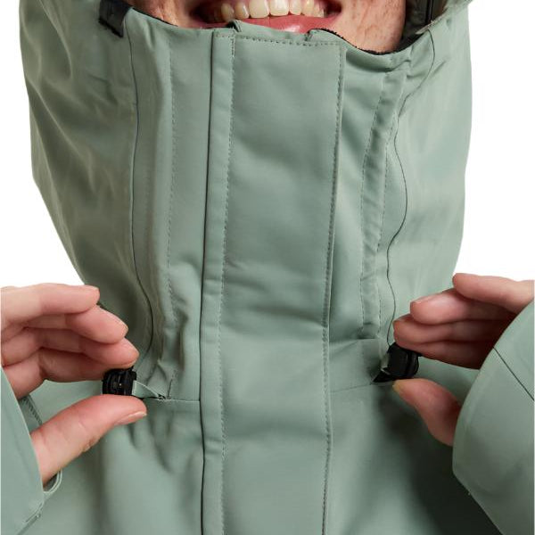 Roxy Women's Illumine Warmlink Jacket - A sage green jacket with a hood, featuring a zipper and two zippered pockets on either side.