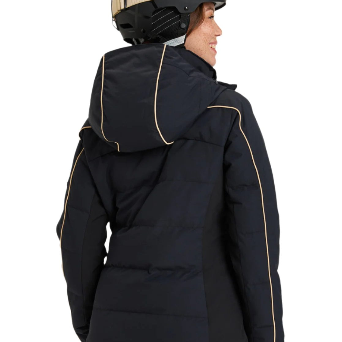Roxy Women's Snowblizzard Insulated Jacket 2025 - A black jacket with a hood, featuring tan piping on the arms and down the front.