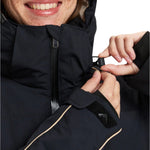Roxy Women's Snowblizzard Insulated Jacket - A black jacket with a hood, featuring tan accents on the zipper and trim.