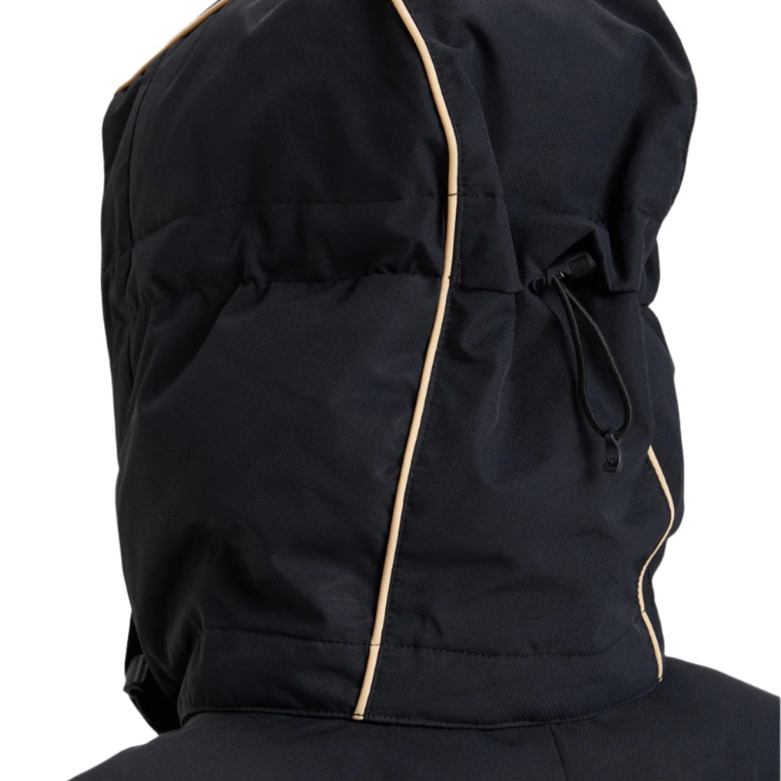 Roxy Women's Snowblizzard Insulated Jacket 2025 - A black jacket with tan accents and a hood, featuring a drawstring at the waist.