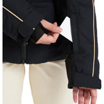 Roxy Women's Snowblizzard Insulated Jacket - A black insulated jacket with tan zipper and snap buttons, featuring a zippered chest pocket on the left side.