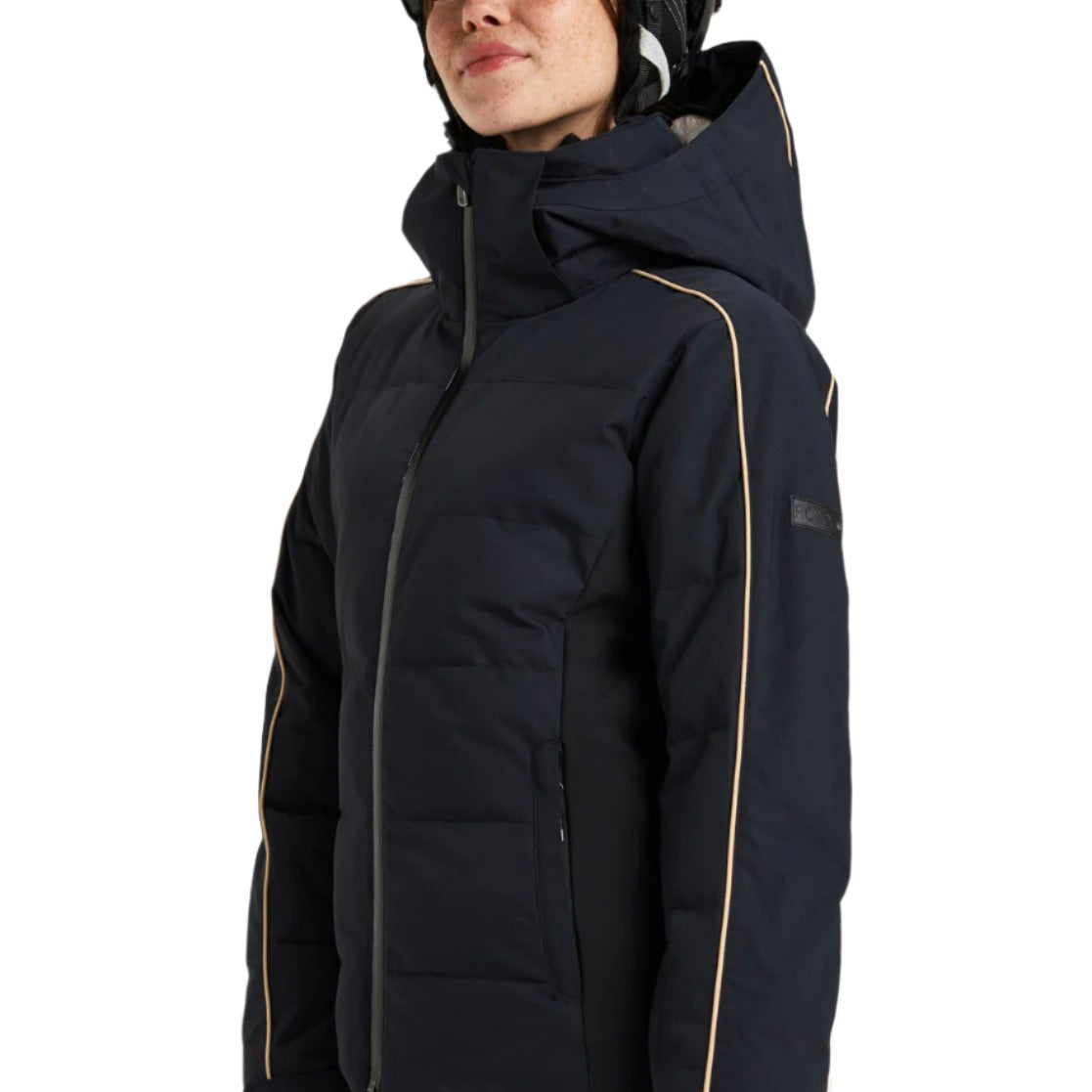 Roxy Women's Snowblizzard Insulated Jacket 2025 - A black jacket with a high collar and zippered pockets, featuring tan piping along the sides.