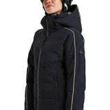 Roxy Women's Snowblizzard Insulated Jacket 2025 - A black jacket with a high collar and zippered pockets, featuring tan piping along the sides.