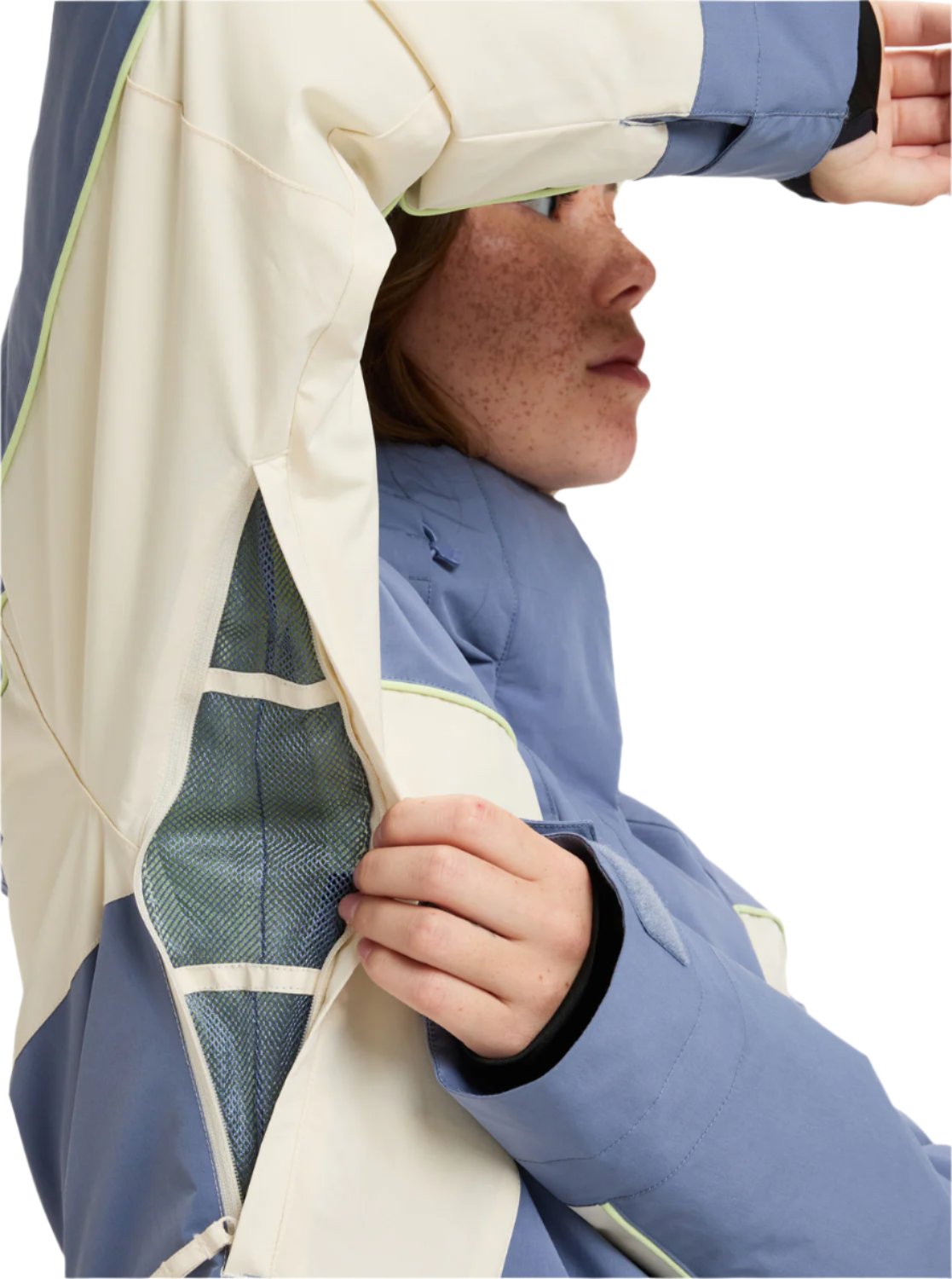 Roxy Women's Ritualized Insulated Jacket 2025 - A blue and white jacket with a zippered chest pocket, worn by a model from the side.