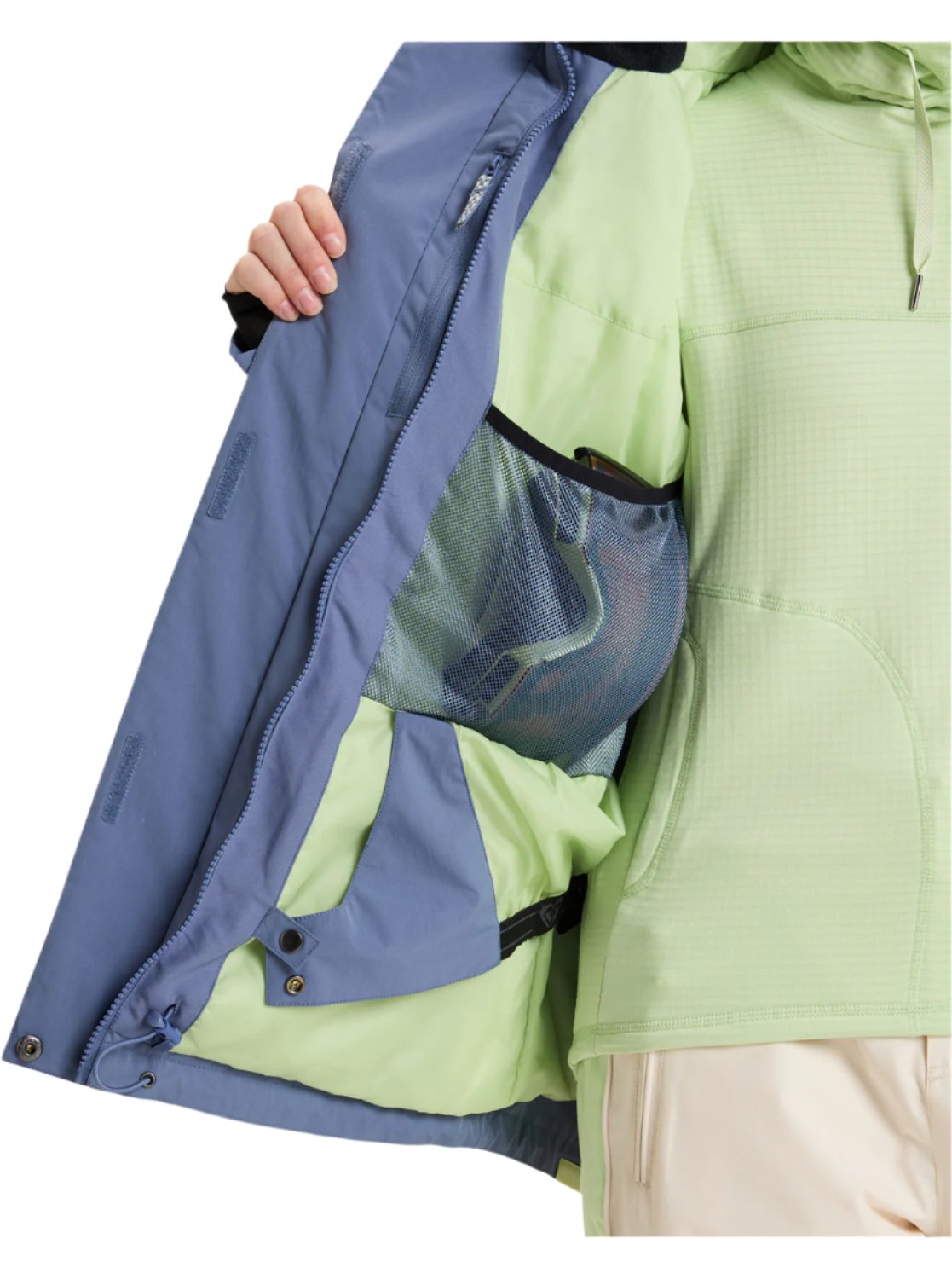 Roxy Women's Ritualized Insulated Jacket 2025 - A blue and green insulated jacket with a zippered front, worn by a model on a white background.