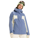 Roxy Women's Ritualized Insulated Jacket 2025 - A blue and white jacket with a hood, worn by a model from the waist up against a light gray background.
