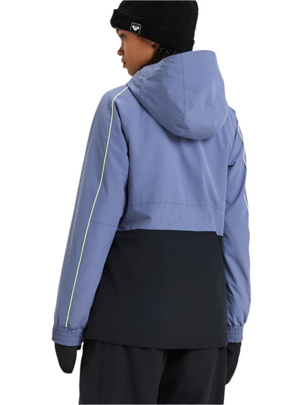 Roxy Women's Highridge Hoodie Jacket - A light blue jacket with a hood, featuring yellow piping on the sleeves and a white logo on the left chest.