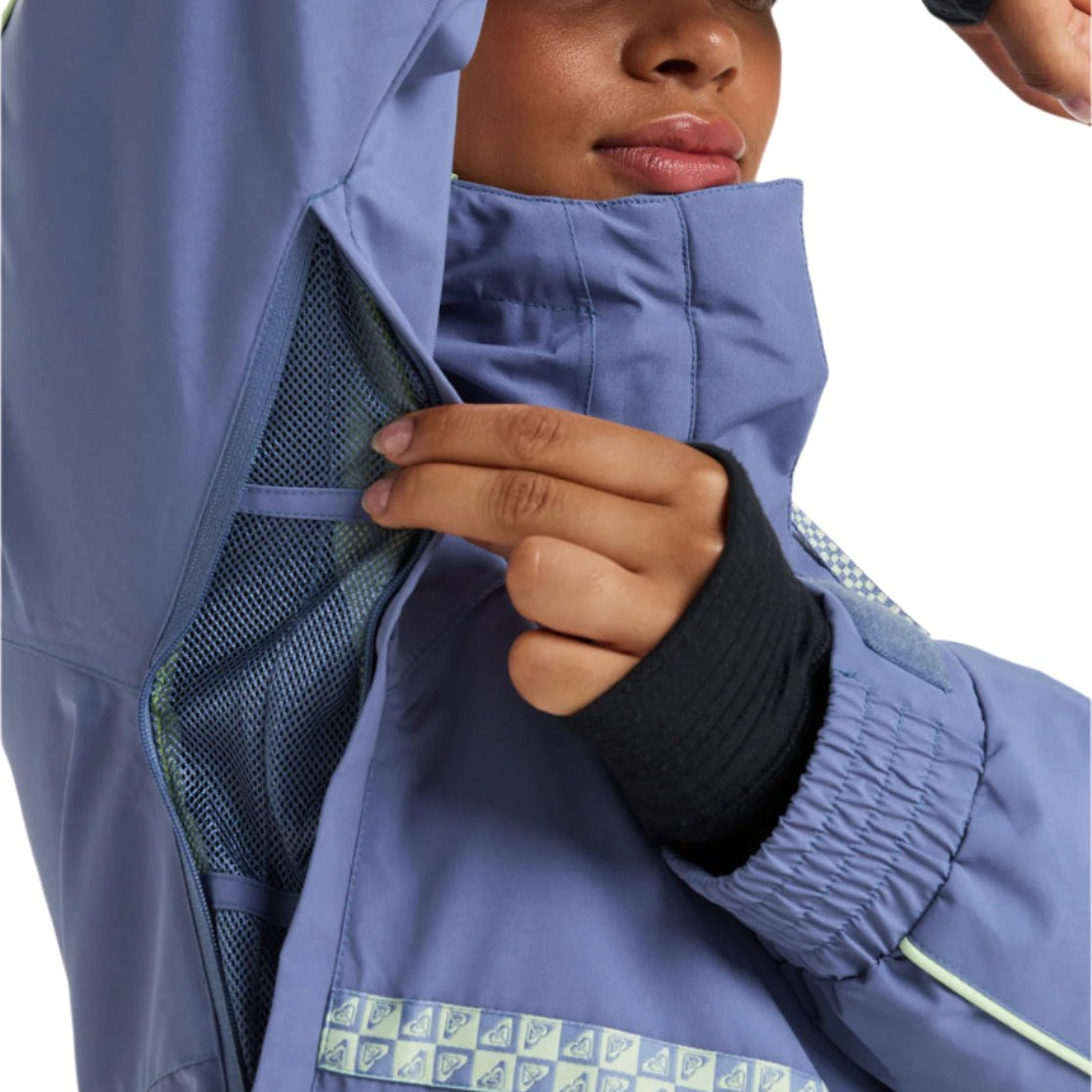 Roxy Women's Highridge Hoodie Jacket 2025 - A periwinkle blue jacket with a hood and zippered pockets, featuring a geometric pattern on the chest pocket.
