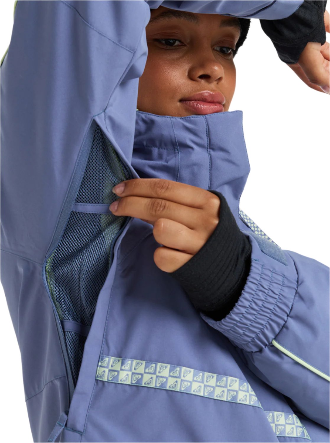 Roxy Women's Highridge Hoodie Jacket 2025 - A periwinkle blue jacket with a hood and zippered pockets, featuring a geometric pattern on the chest pocket.