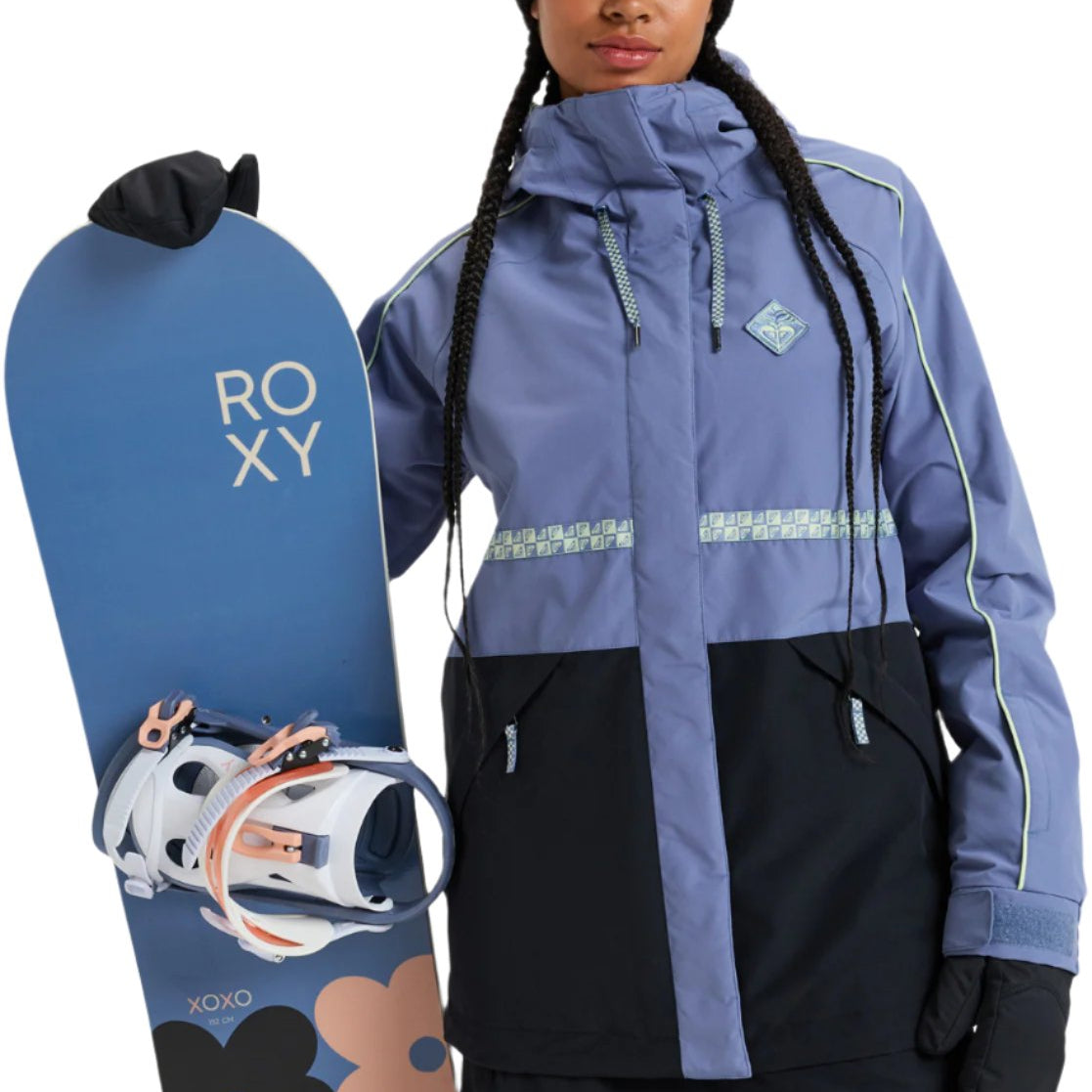 Roxy Women's Highridge Hoodie Jacket 2025 - A blue hooded jacket with a white zipper and two zippered pockets on the front.