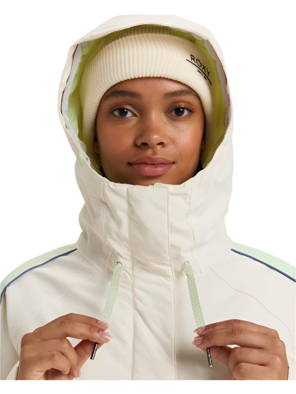 Roxy Women's Highridge Hoodie Jacket 2025 - A cream-colored jacket with a hood, featuring blue stripes on the sleeves and a zipper down the front.