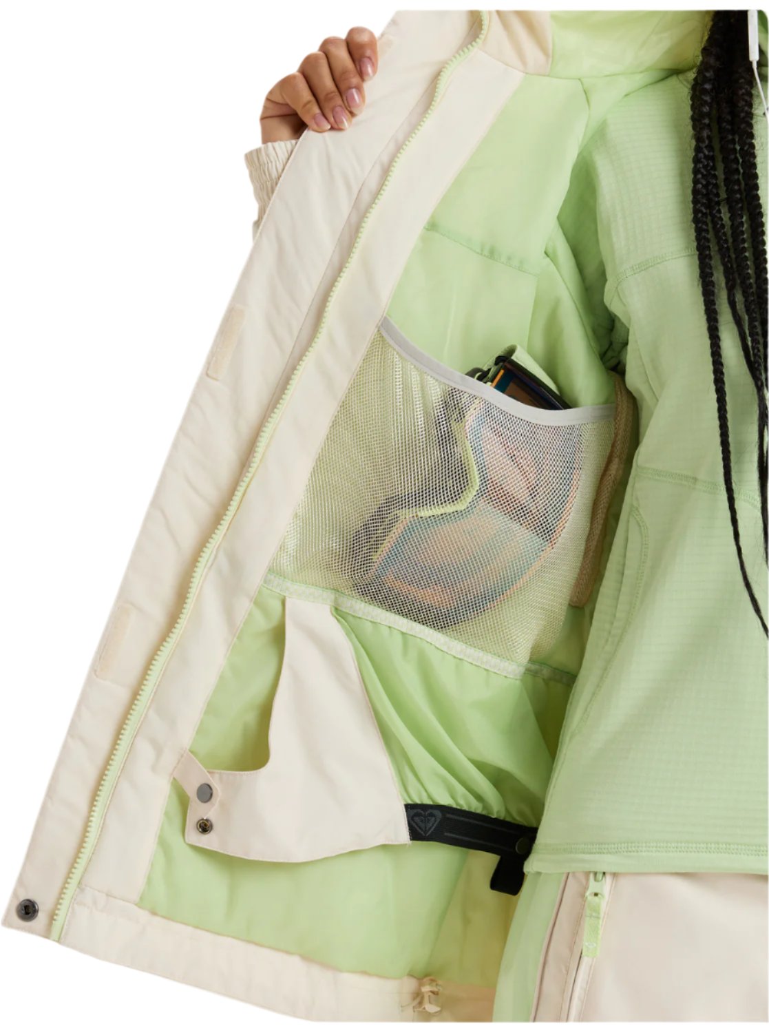 Roxy Women's Highridge Hoodie Jacket 2025 - A light green hooded jacket with a zippered front and two pockets on either side.