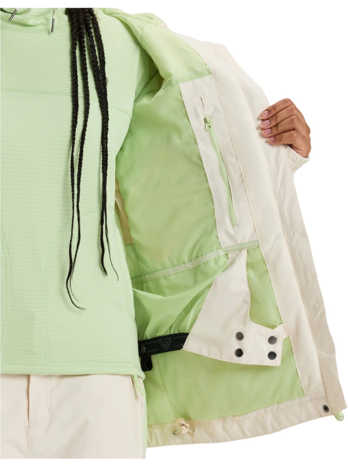 Roxy Women's Highridge Hoodie Jacket 2025 - A light green hooded jacket with a zippered front and drawstring waist.