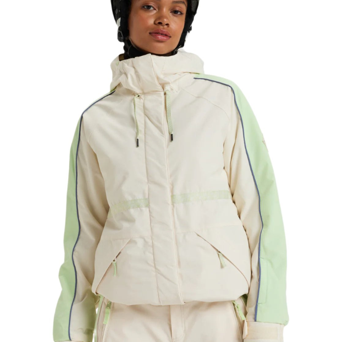 Roxy Women's Highridge Hoodie Jacket - A cream-colored jacket with a hood and drawstring, featuring blue piping on the sleeves.