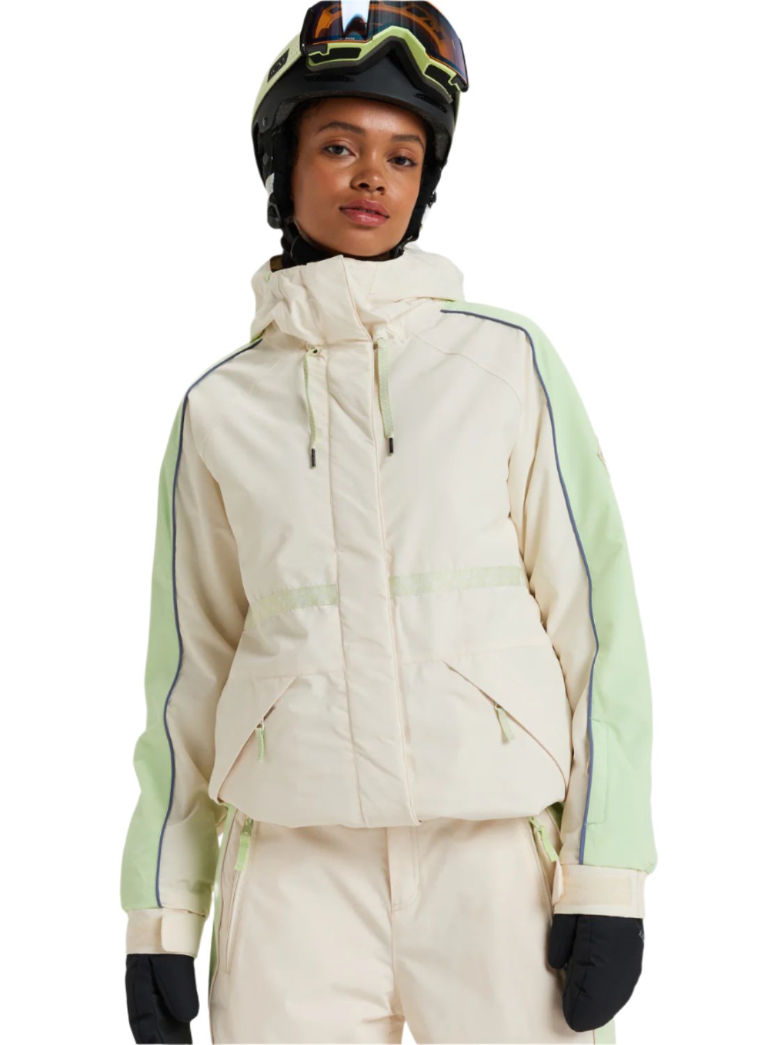 Roxy Women's Highridge Hoodie Jacket - A cream-colored jacket with a hood and drawstring, featuring blue piping on the sleeves.