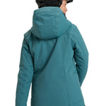 Roxy Women's Meade Insulated Jacket 2025 - A woman wearing a teal jacket with a hood, black pants and a black helmet with goggles.