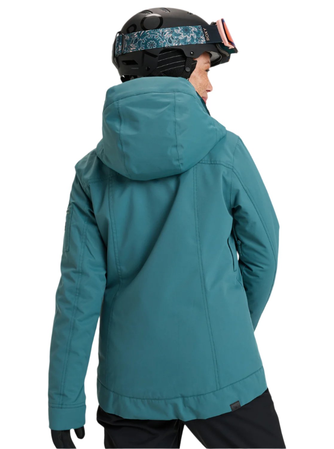 Roxy Women's Meade Insulated Jacket 2025 - A woman wearing a teal jacket with a hood, black pants and a black helmet with goggles.