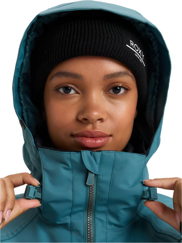Roxy Women's Meade Insulated Jacket - A black jacket with a white logo on the left chest and a hood.