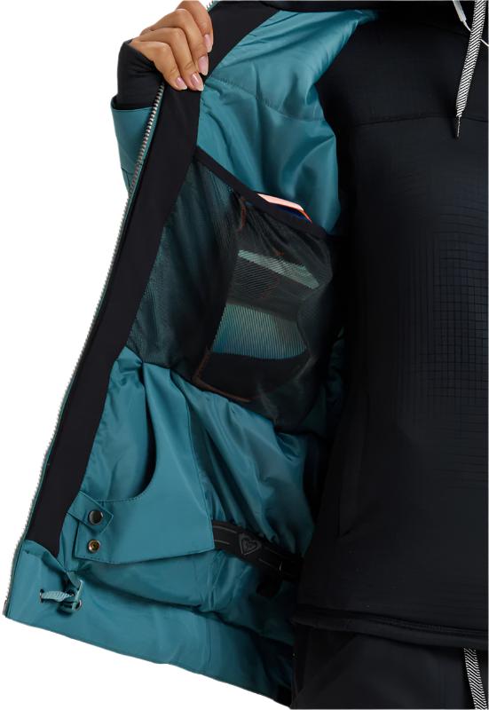 Roxy Women's Meade Insulated Jacket 2025 - A black insulated jacket with a teal-colored lining visible inside.
