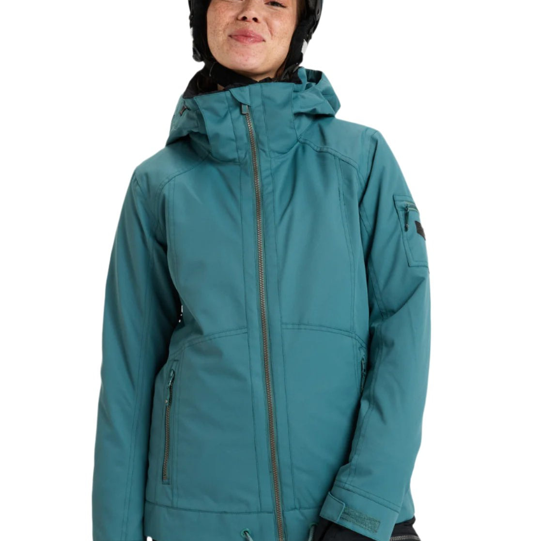 Roxy Women's Meade Insulated Jacket - A dark teal jacket with a hood, zippered pockets and drawstring waist.