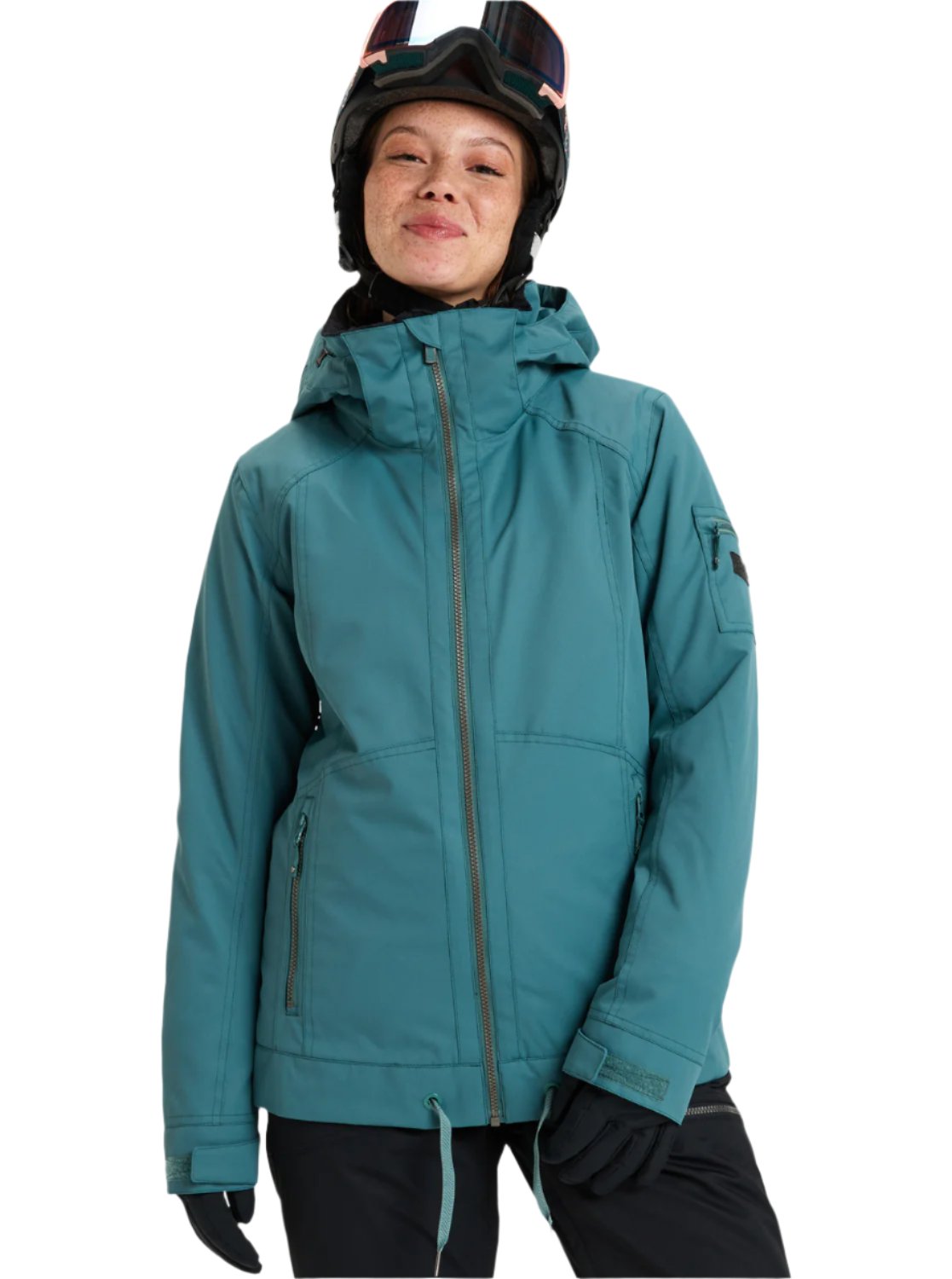 Roxy Women's Meade Insulated Jacket - A dark teal jacket with a hood, zippered pockets and drawstring waist.