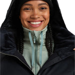 Roxy Women's Meade Insulated Jacket - A black insulated jacket with a hood, featuring a white logo on the left chest and a zipper closure.