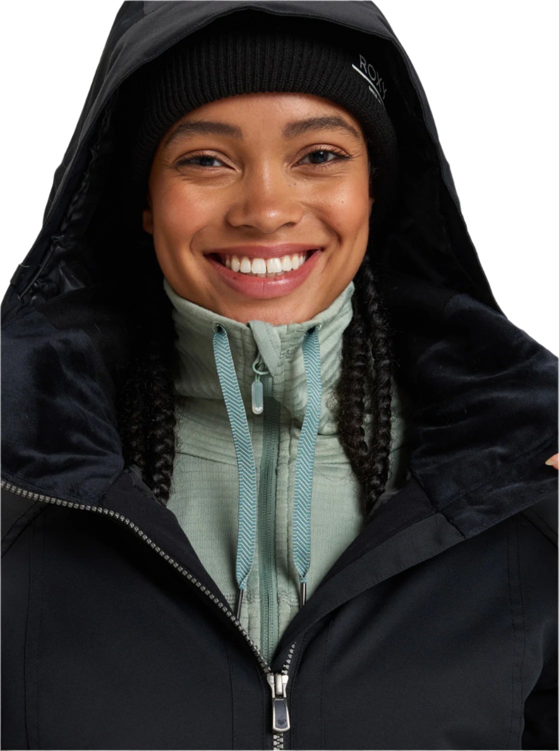 Roxy Women's Meade Insulated Jacket - A black insulated jacket with a hood, featuring a white logo on the left chest and a zipper closure.