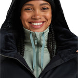 Roxy Women's Meade Insulated Jacket - A black insulated jacket with a hood, featuring a white logo on the left chest and a zipper closure.